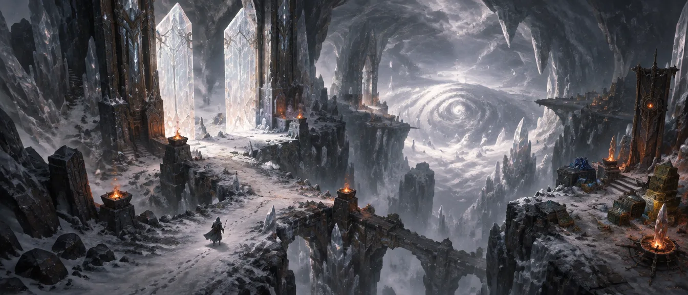 The First Helm: benteng yang dipahat dari gunung kristal garam, gerbang kristal raksasa, dan pusaran badai putih di dalam gua.
