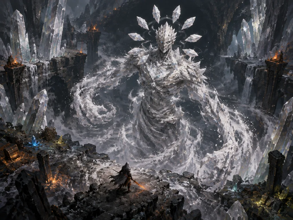The Ninefold Scour, tubuh raksasa dari kristal garam dan angin badai dengan sembilan pecahan kristal mengitari kepalanya, di gua kristal. Seorang Salter kecil berdiri di bawah.