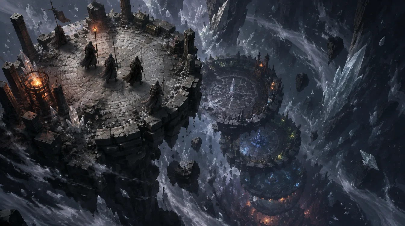 Scour Depths: spiral pelataran batu pecah yang turun ke jurang kristal, empat Salter berdiri di pelataran paling atas.